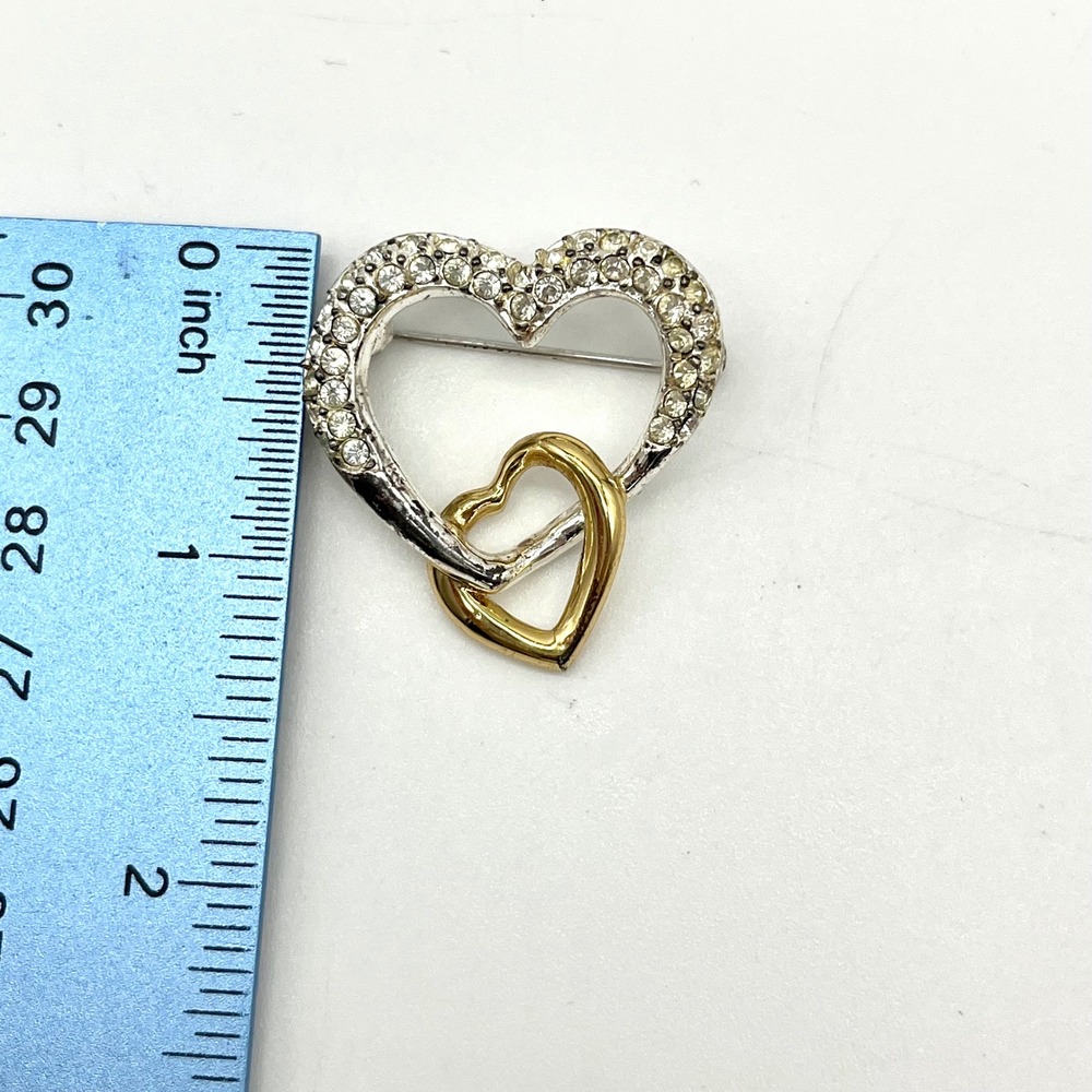 Vintage Napier Heart‎ Brooch Rhinestone Two Tone Gold Silver Interlocking - Picture 3 of 4